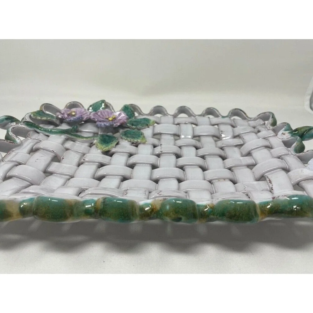 Vtg Italian Majolica Weave‎ Ceramic Decorative Tray Floral